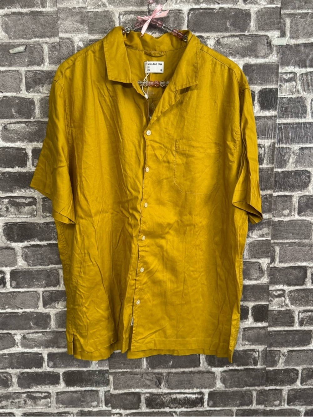 Frank and Oak button down shirt gold yellow short sleeve chest pocket
